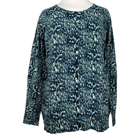 Jessica London Cotton Cardigan Sweater Blue Multi Splatter Print Sz 14-16 NEW - Picture 1 of 6